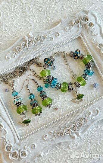 Браслет, серьги и кулон в стиле Пандора. Handmade