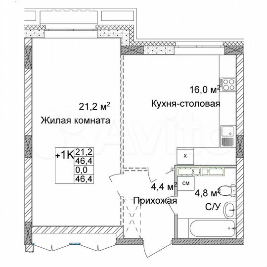 1-к. квартира, 46,4 м², 3/17 эт.