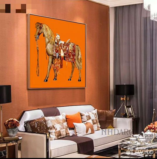 Картина и подушка Hermes с конем оранжевые новые