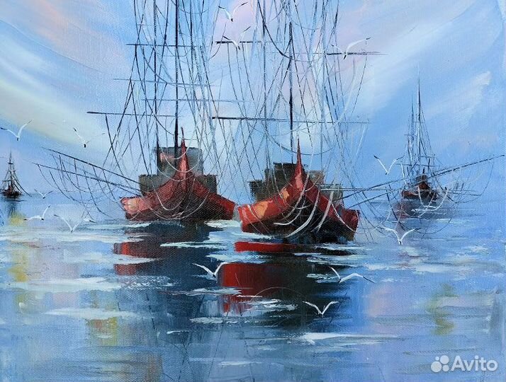 Картина маслом Парусники Рассвет, 40 на 50 см