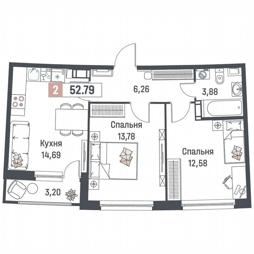 2-к. квартира, 52,8 м², 14/18 эт.