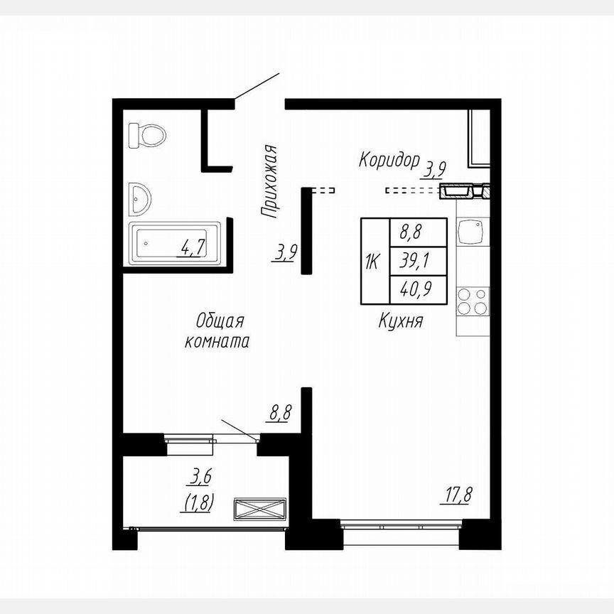 1-к. квартира, 40,9 м², 7/17 эт.