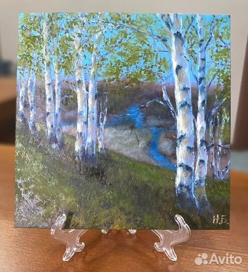 Картина маслом пейзаж 20х20см. Березки весной