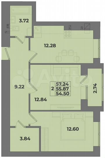 2-к. квартира, 57,2 м², 1/10 эт.