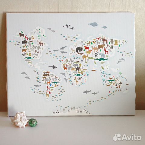 Детская Карта мира с животными на холсте