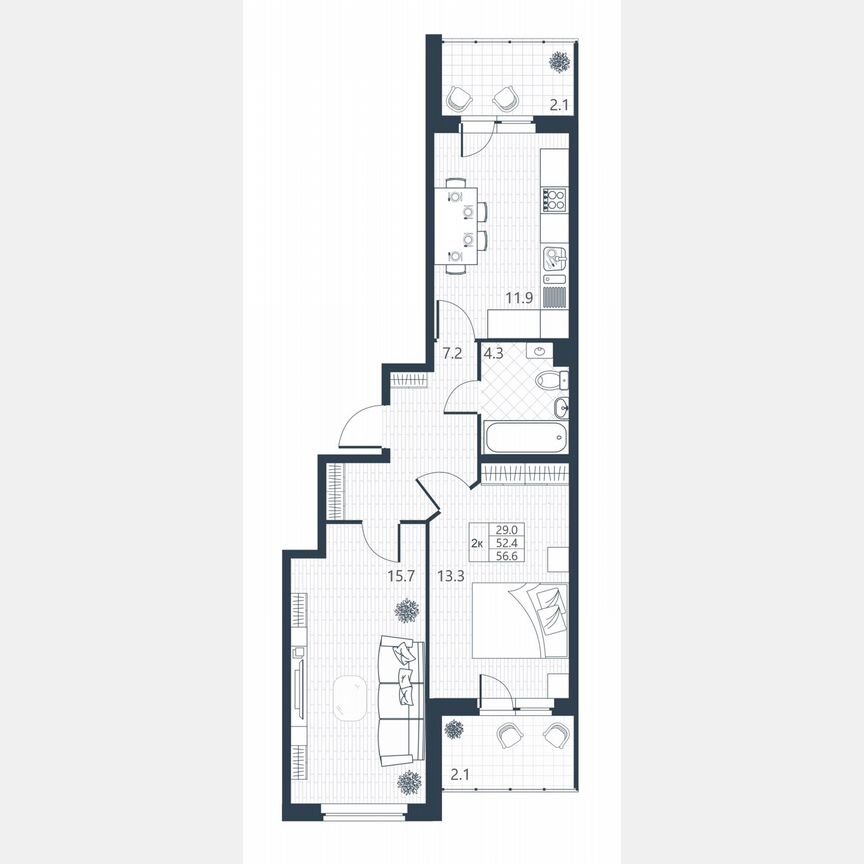 2-к. квартира, 52,4 м², 1/3 эт.