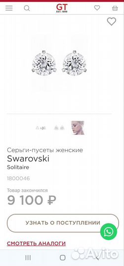 Серьги пусеты Swarovski Solitaire оригинал