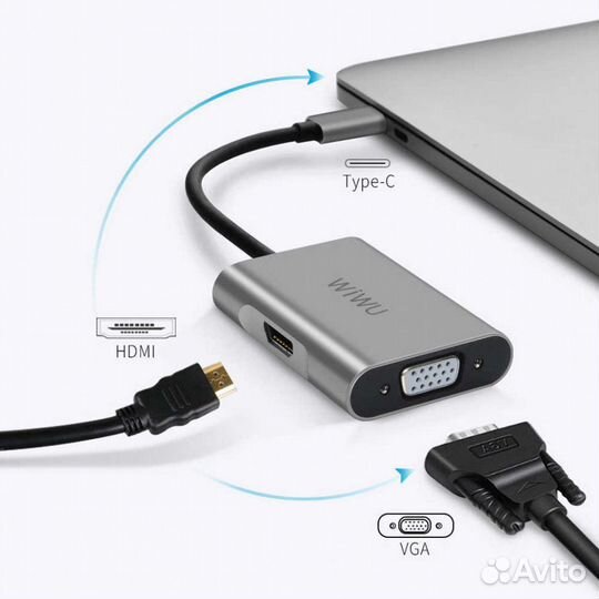 USB Хаб type-c / hdmi+VGA на MacBook 2в1 wiwu
