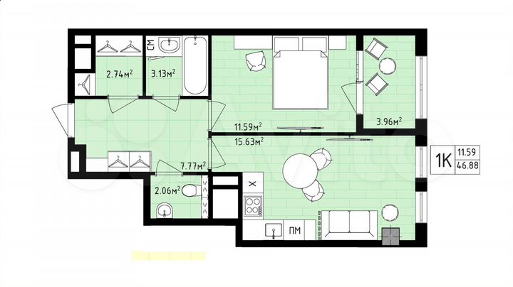 1-к. квартира, 46,9 м², 12/16 эт.