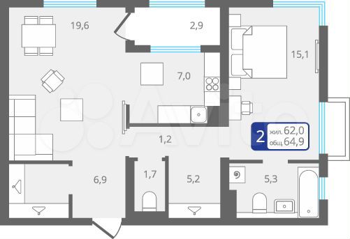 2-к. квартира, 64,9 м², 4/4 эт.