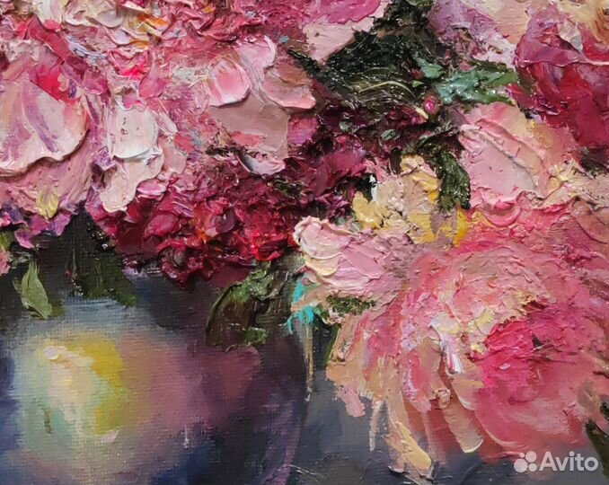 Цветочки Розы Пионы картина маслом 40х30см