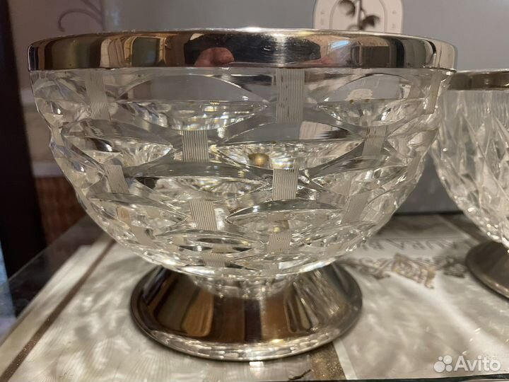 Хрустальная салатница с мельхиоровым ободком СССР