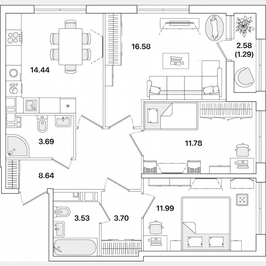 3-к. квартира, 75,6 м², 12/12 эт.