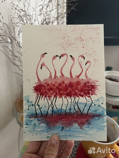 Открытка ручной работы фламинго