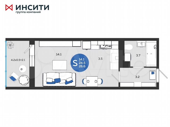 Квартира-студия, 26,6 м², 17/24 эт.