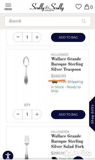 Wallace Grand Baroque 6 чайных ложек серебро