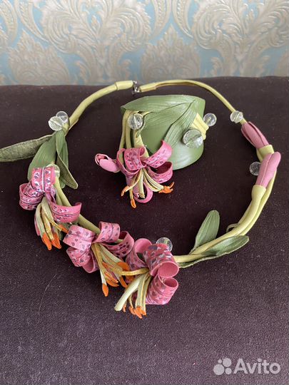 Колье и браслет из нат. кожи с розовыми цветами