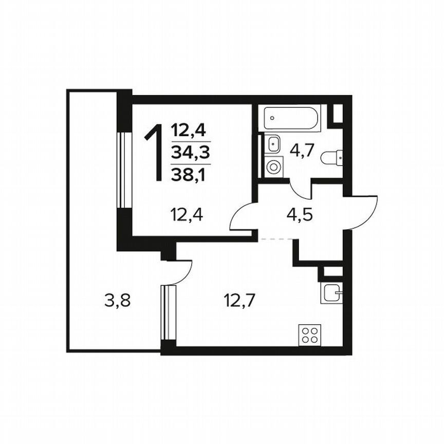 1-к. квартира, 38,1 м², 1/12 эт.