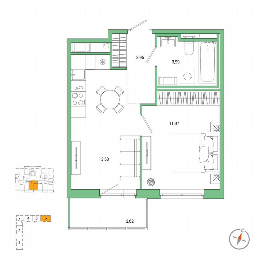 1-к. квартира, 34,5 м², 6/7 эт.