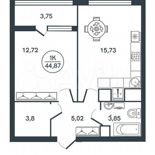 1-к. квартира, 44,9 м², 12/17 эт.