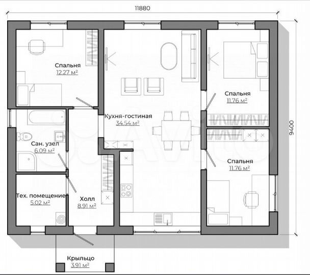 Коттедж 115 м² на участке 10 сот.