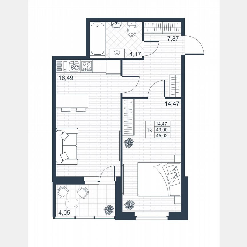 1-к. квартира, 42,8 м², 1/9 эт.