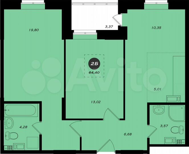 2-к. квартира, 64,4 м², 1/19 эт.