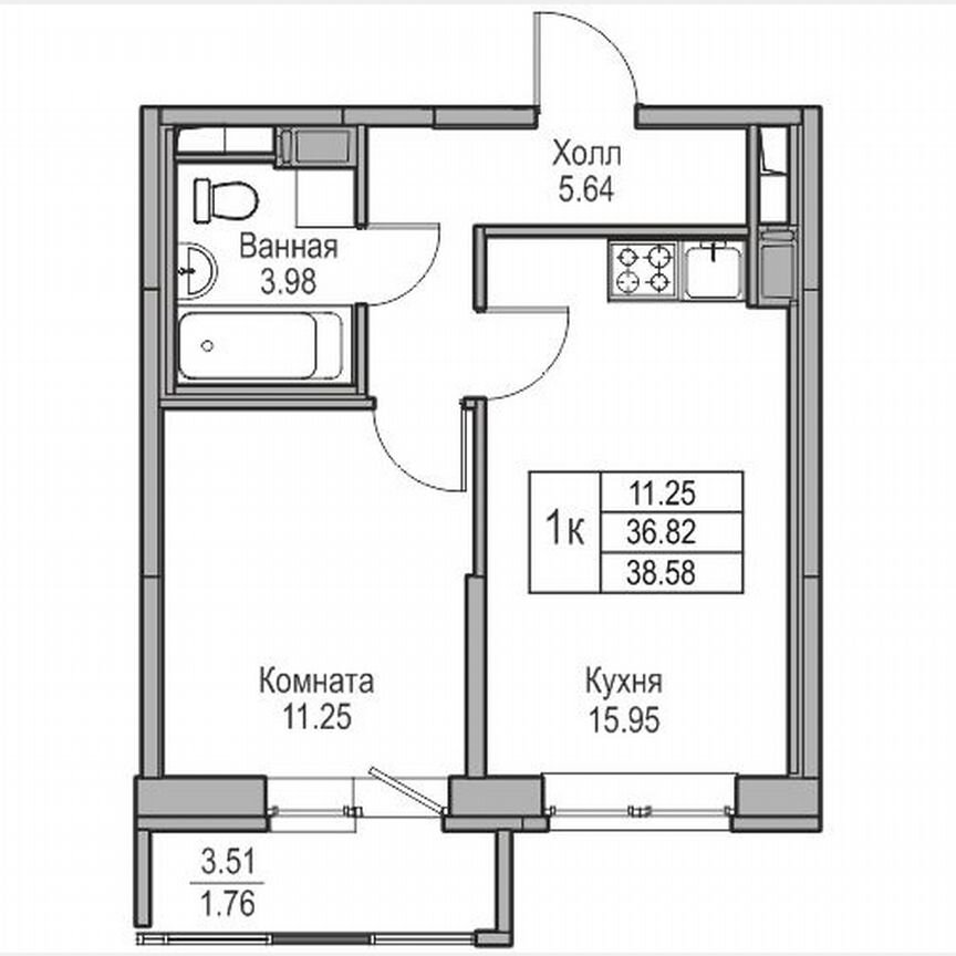 1-к. квартира, 38,6 м², 15/23 эт.