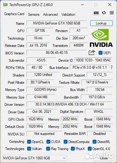 Asus ROG strix GTX 1060 gaming OC 6gb