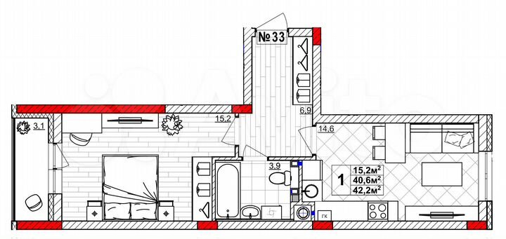 1-к. квартира, 42,2 м², 1/4 эт.