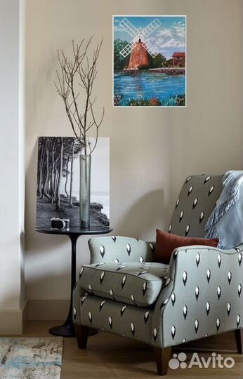 Картина масло/холст Мельница на берегу озера