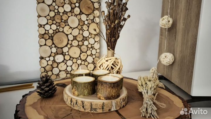 Свеча. Спил дерева. Аромосвеча