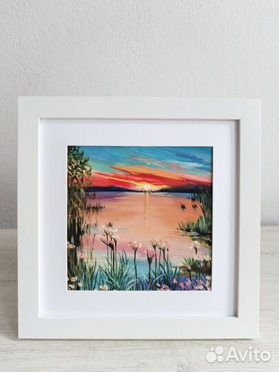 Картина маслом Летний пейзаж Закат над озером