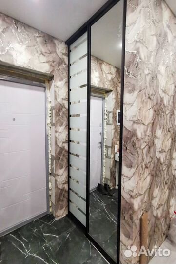 Двери купе с матовыми полосками на зеркале № 4027