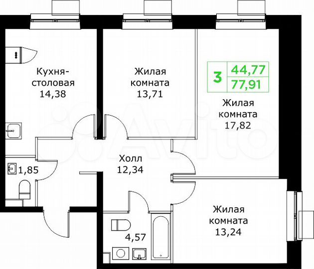 3-к. квартира, 77,9 м², 19/25 эт.