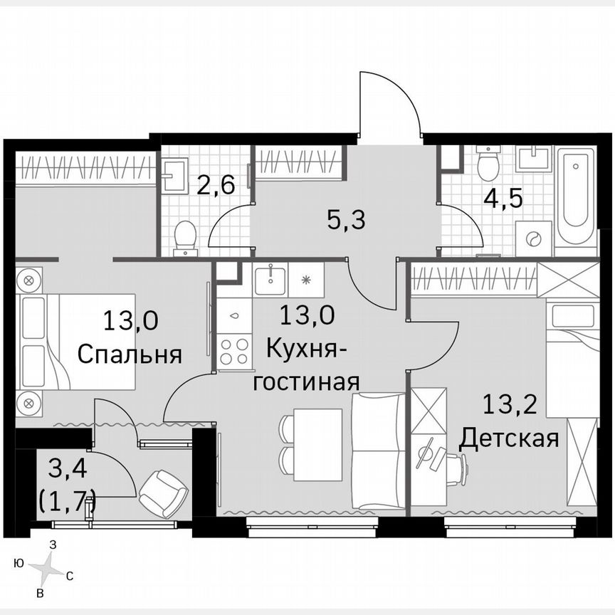 2-к. квартира, 53,3 м², 23/44 эт.