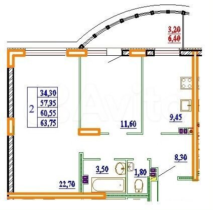 2-к. квартира, 63,8 м², 3/14 эт.