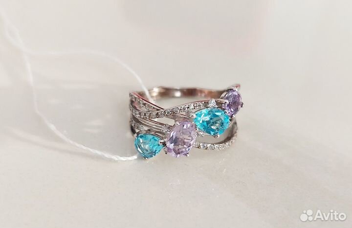 Kольцo Кapатов серебро с топазами и аметистами 16