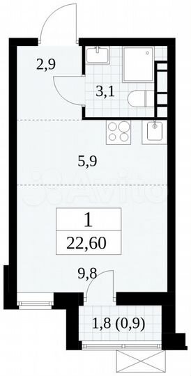 Квартира-студия, 22,6 м², 16/18 эт.