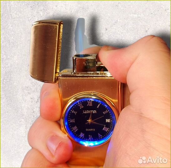 Подарочная газовая золотая (2) зажигалка с часами