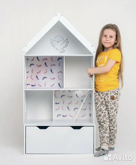 Кукольный деревянный домик стеллаж с ящиком