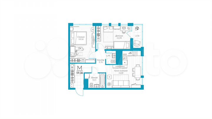 2-к. квартира, 59,4 м², 11/18 эт.