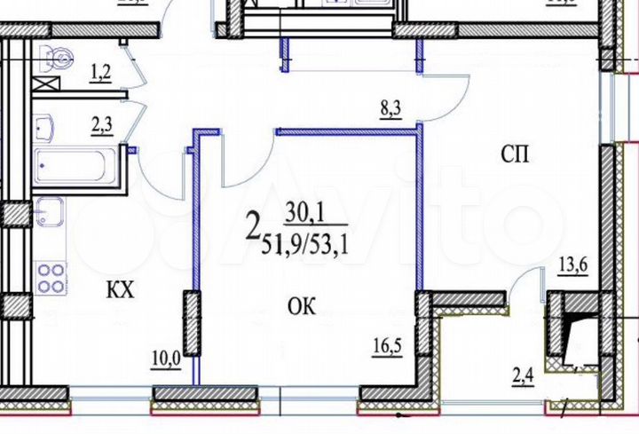 2-к. квартира, 53 м², 4/16 эт.