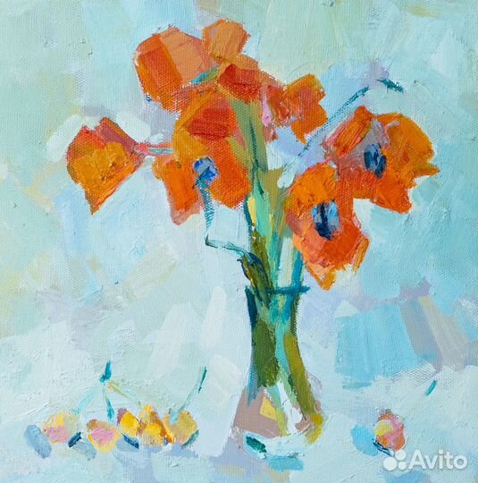 Картина Маки и черешня. Холст, масло 35х35