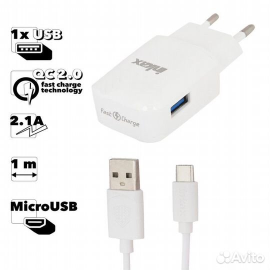 Блок питания inkax CD-24 1хUSB QC2.0 2.1А+microusb