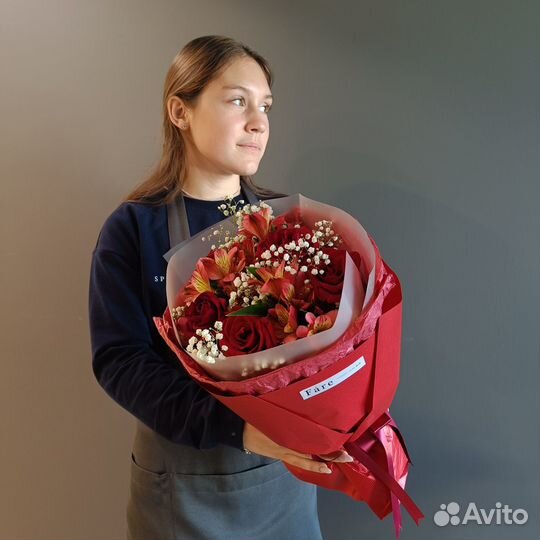 Цветы Букет Гипсофила Розы Альстромерия