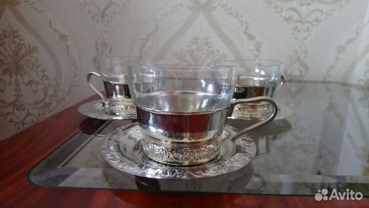 Мельхиоровые подстаканники со стаканчиком и блюдце