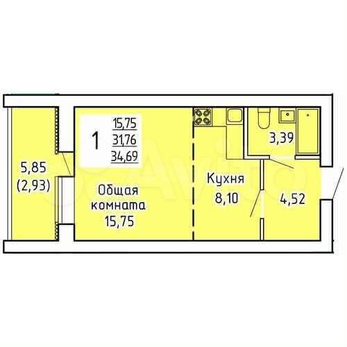 Квартира-студия, 34,7 м², 6/9 эт.
