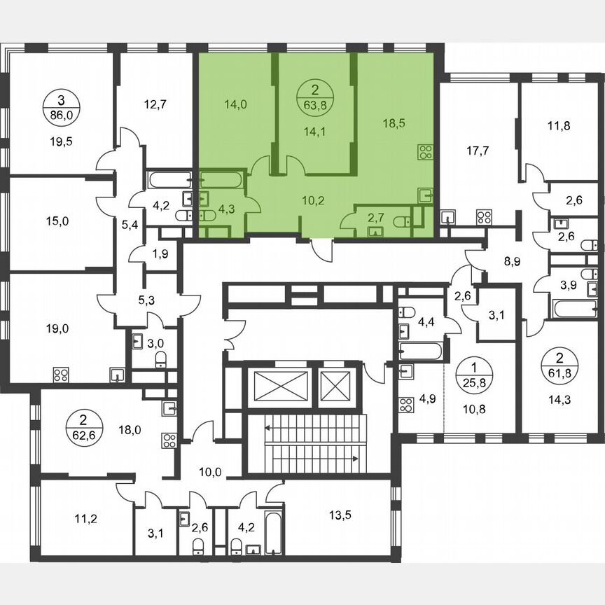 2-к. квартира, 63,8 м², 16/17 эт.