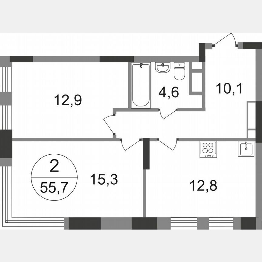 2-к. квартира, 55,7 м², 15/17 эт.